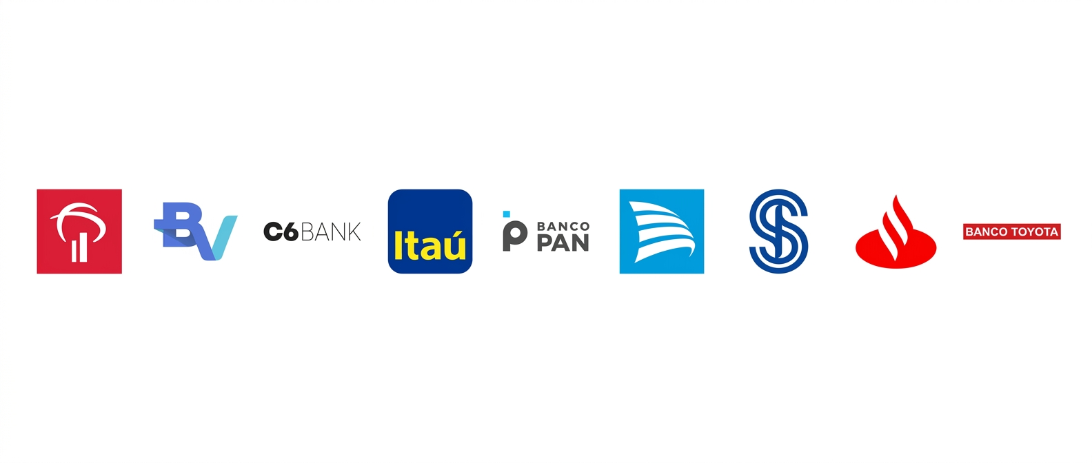 Bancos parceiros: Bradesco, BV, C6 Bank, Itaú, Banco Pan, Porto Seguro, Safra, Santander e Banco Toyota